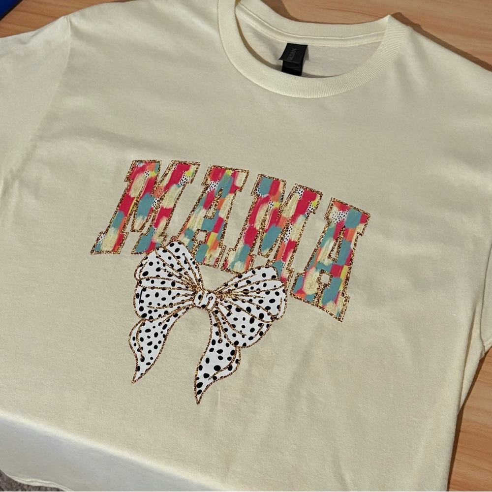Gildan Cream Short Sleeve Tee with Bow Accents